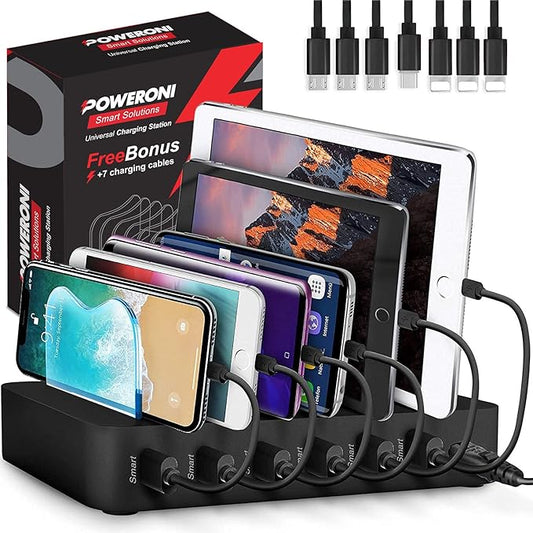 USB Charging Station - 6 Port Universal Charging Station for Multiple Devices - Multi Device Charger Dock - Compatible with Apple, iPad, iPhone, Android Cell Phones, and Tablets - Black