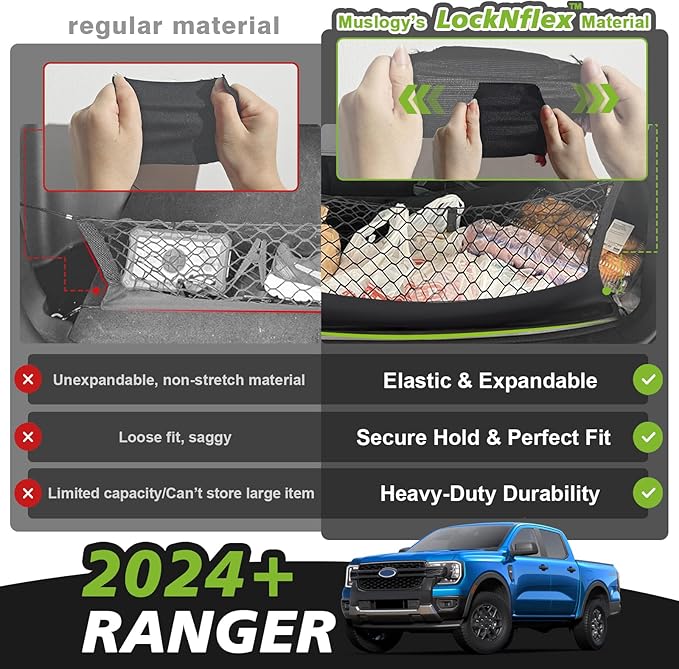 Muslogy Truck Bed Cargo Net Trunk Netting Compatible with Ford Ranger 2024 2025 2026 Accessories, Pickup Cargo Organizer SUV Sedan Storage Net w/Heavy Duty Carabiners