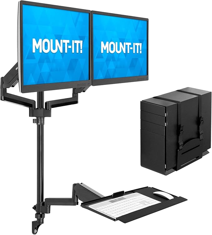 Mount-It! Dual Monitor Arm Wall Mount Workstation with Keyboard Tray & CPU Holder, Height Adjustable Gas Spring Full Motion Computer Station, Fits 17??2??VESA 75x75 100x100, Black