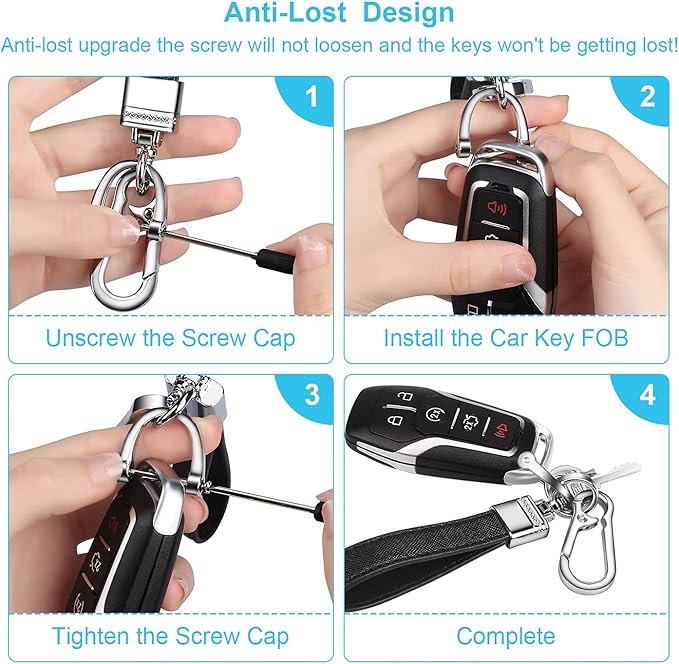 QBUC Genuine Leather Car Keychain,Universal Heavy Duty Metal Key Chain Accessories,Car Fob Key Keychain Holder with 360 Degree Rotatable Snap Swivel and Anti-Lost D-Ring for Men Women(Black)