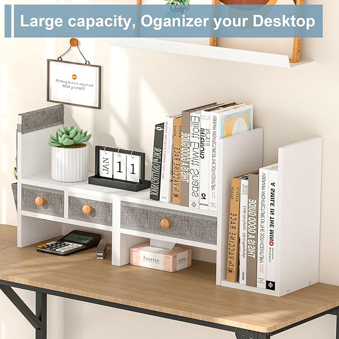 X-cosrack Adjustable Desk Shelves for Storage, Desktop Bookshelf with 3 Drawers, White Wood Desk Shelf for Top of Desk, Corner Desktop Organizer for Women Office