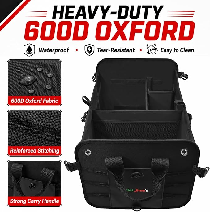 PAT SAM'S Car Trunk Organizer for SUV, Waterproof Collapsible Storage with Removable Dividers, Anti-Slip Bottom, Tie-Down Straps & Anchor Rings, Foldable Trunk Organizer for Grocery Tools Travel