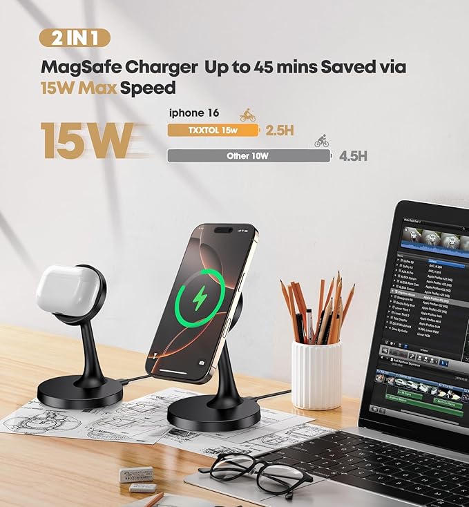 2 Pack Magnetic Wireless Charger iPhone, 15W Fast Mag-Safe Charger Stand for iPhone 17/17 Air/17 Pro/17 Pro Max 16/15/14/13/12 Series Magnet Wireless Charging Station/Pad for AirPods- Gifts Ideas