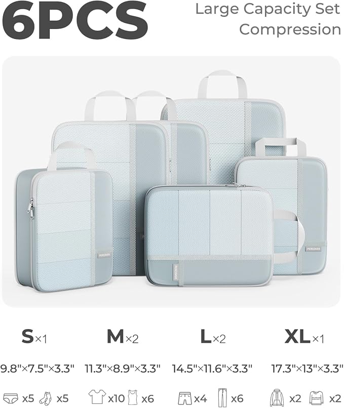 Percover Compression Packing Cubes 6-Piece Set, Packing Cubes Compression for Travel with Multi-Size Organization, Travel Organizer for Carry On & Checked Luggage, Slate Blue
