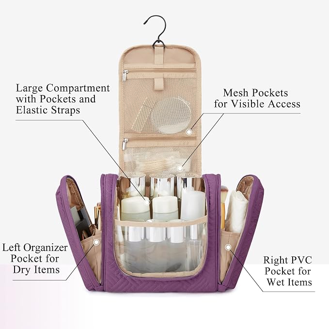 BAGSMART Large Travel Toiletry Bag for Women, Hanging Toiletry Bag with Hook, Travel Cosmetic Makeup Bag Travel Organizer for Accessories, Shampoo, Full Sized Container, Toiletries,Purple-Large
