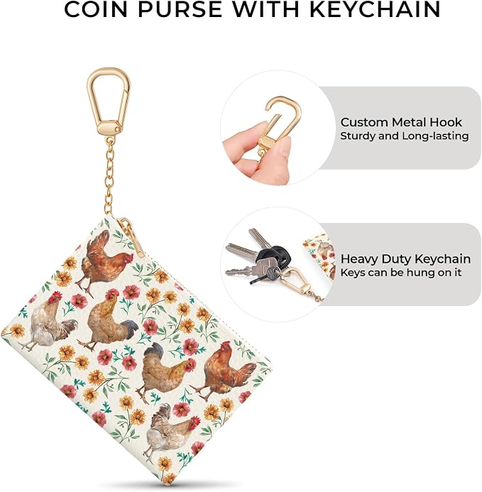 Chicken Rooster Floral Cute Keychain Coin Purse for Women, Small PU Leather Change Pouch, Zipper Little Travel Credit Card Wallet for Girls, Tiny Pocket Holder with Key Ring Ladies Gifts