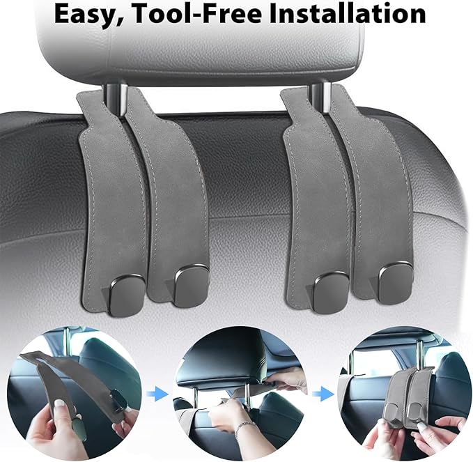 Travel Depot Headrest Hooks for Car, Purse Hook for Car, Premium Leather Twin Hook Car Seat Hooks, Double Hook Seat Back Storage Organizer for Purses, Bags, SUV, Truck, Vehicle, 2 Pack, Grey