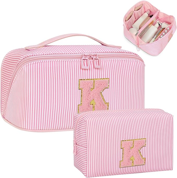 Initial Makeup Bag, Portable Water-resistant Monogram Cosmetic Bag Set, Travel Toiletry Bag with Brush Holder, Personalized Gifts for Friend Teacher Mom Wife, Pink K