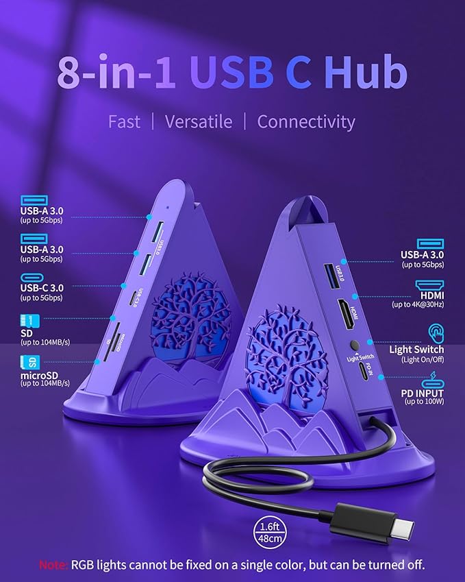 Purple USB C Hub, 8-in-1 USB C Multiport Adapter with 4K@30Hz HDMI, 100W Power Charging, 5Gbps Type C, 3 USB-A 3.0, SD/TF Slots& RGB Lighting, Purple Type C Hub for MacBook, iPhone17, iPad, XPS(Tree)