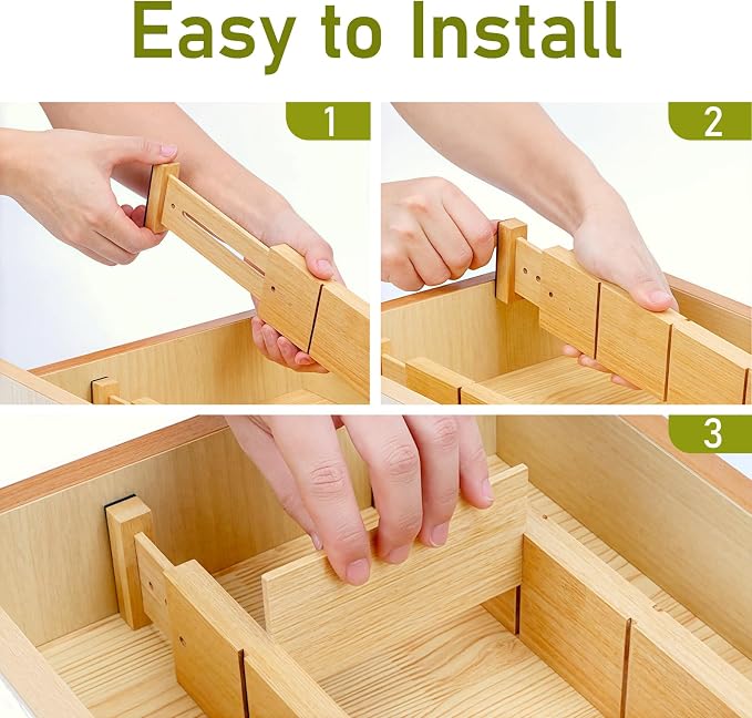 Whitmor Adjustable Bamboo Drawer Dividers, Expandable 17"-22" Drawer Organizer, Space-Saving, Non-Slip & Spring-Loaded Separators for Kitchen, Bedroom, Office, 4 Pack Dividers with 9 Baffles