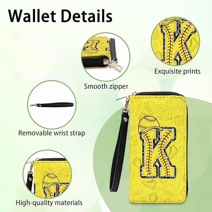 Softball Lovers Gift Womens Wallet - Small Slim PU Leather Letter K Wallet for Women with Zipper Purse, Credit Card Holder Wallets, Wristlet Wallets for Girls Women Player Coach (Letter K Gifts)