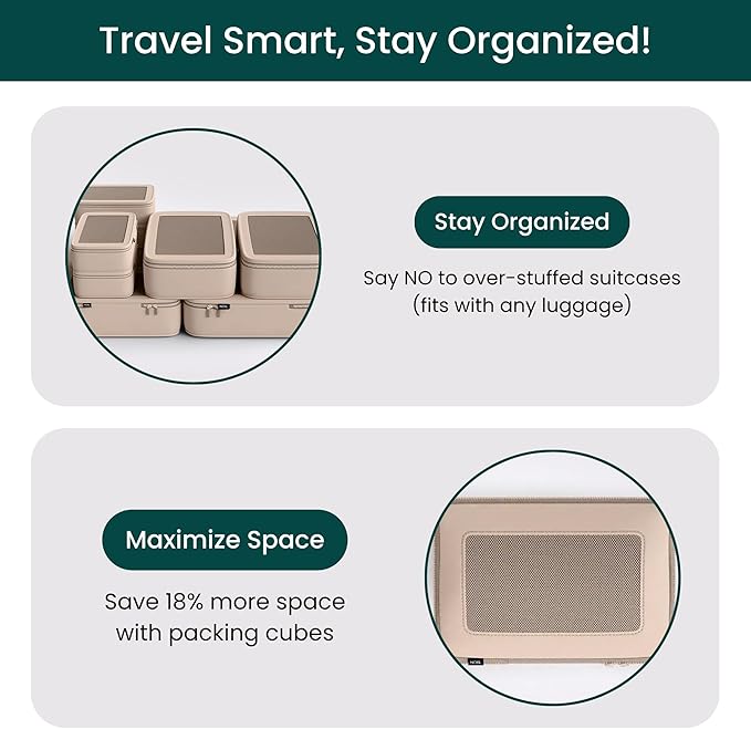 Nobl Travel Compressible Packing Cubes Set, 6 Pieces Travel Packing Organizers, Compression Luggage Cubes for Suitcases & Carry On, Space Saving (XXS, XS, S, M, L, XL) - Sand