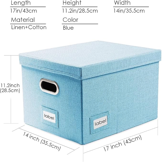 PRANDOM File Organizer Box - Set of 1 Collapsible Decorative Linen Filing Storage Hanging File Folders with Lids Office Cabinet Letter/Legal Blue (17x14x11.2 inch)