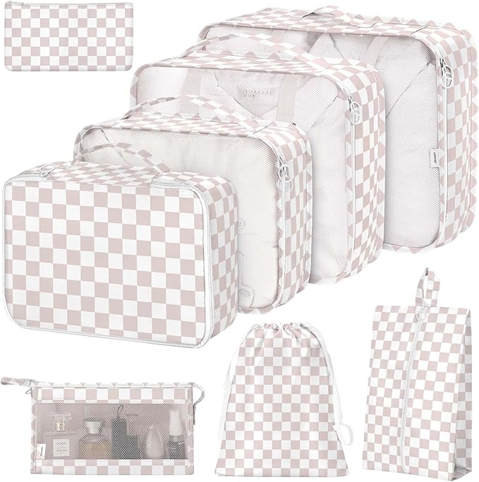 8 Set Packing Cubes for Suitcases, Packing Cubes with Shoe, Cosmetics, Clothing, Accessories Bags for Travel Luggage Organizer Women Men(Light Pink Checkered)