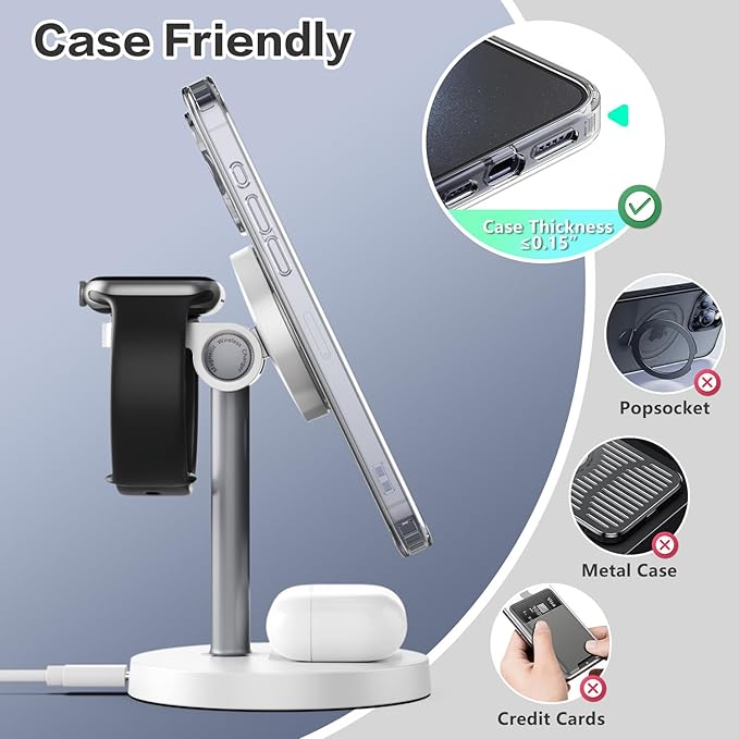 3 in 1 Wireless Charging Station Compatible with MagSafe, 15W Fast Charging Magnetic Mag-Safe Charger Stand for Apple iPhone 17 16 15 14 13 12Series Apple Watch AirPods Pro 4 3 2, Gifts for Men Women