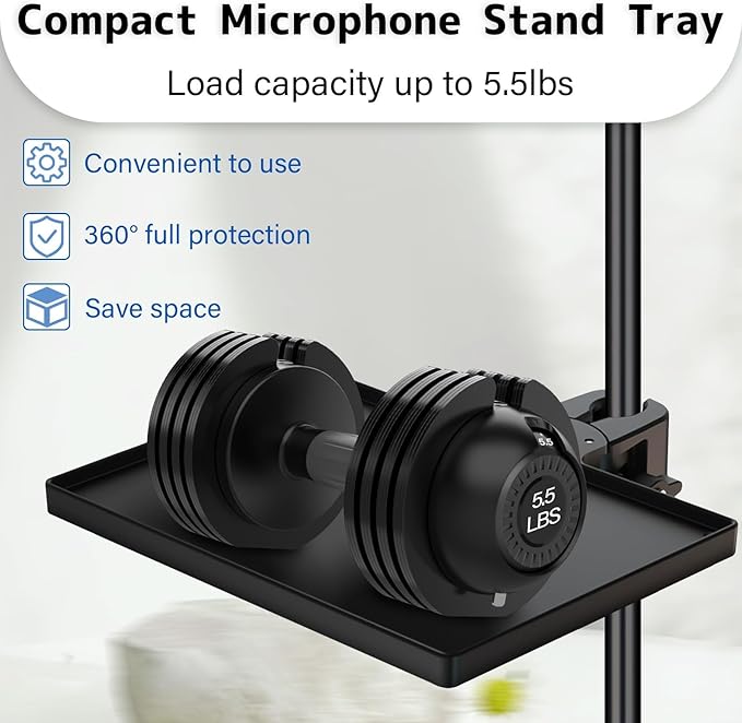 BILIONE Microphone Stand Tray with Crab Clamp, 10.6" x 7.8" Large Tray Shelf Attachment Clamp on Studio Music Floor Stands for Storage