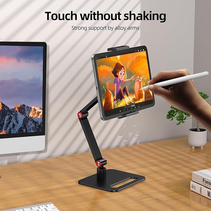 UPERFECT Adjustable Tablet Stand, 360° Swivel & 180° Tilt, Foldable Arm Holder for 4.7??.87'' Telescopic Clamp, Compatible with ??8.5'' Monitor/iPhone/iPad/Tablet, Aluminum Alloy, Black