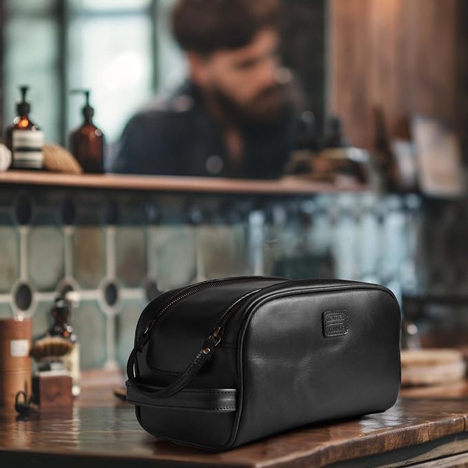 LEATHER VILLAGE Genuine Leather Toiletry Travel Bag With Waterproof Lining - Black | King-Size Handcrafted Vintage Dopp Kit Bag, Shaving & Bathroom Organizer, Gift for Men & Women