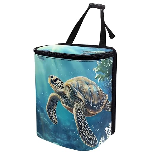 Biyejit Sea Turtle Print Hanging Car Trash Bag Can with Lid, Collapsible Car Garbage Bag with Pockets, Garbage Can for Central Control Leak-Proof Trash Storage Organizer Box