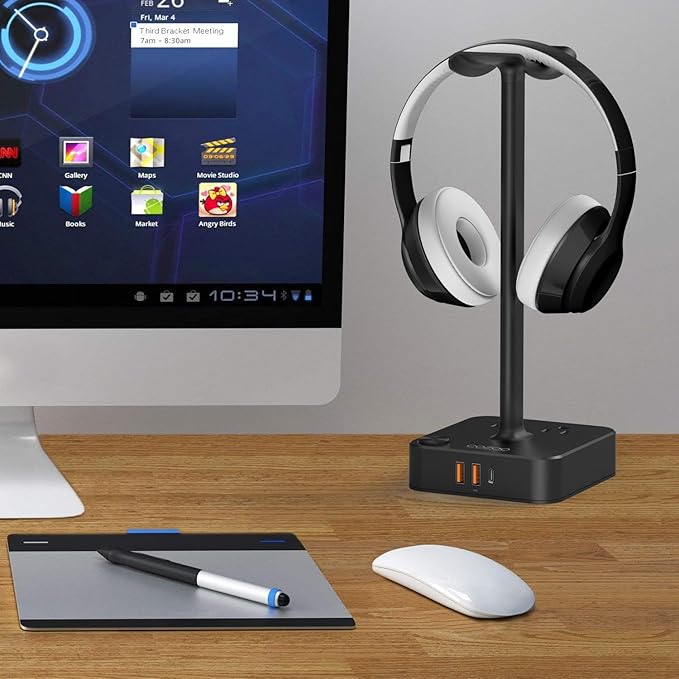 COZOO Headphone Stand with USB Charger Desktop Gaming Headset Holder Hanger with 3 USB Charging Station and 2 Outlets Power Strip,Suitable for Gaming, DJ,Wireless Earphone Display, Gamer Gifts for Men