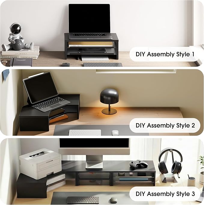 Fenge Dual Monitor Stand, Corner Monitor shelf with Drawer and Slide-Out Tray, 2 Tier Triangle Monitor Riser with Storage, Desk Shelf Organizer for Desk, Home Office, Computer, Laptop, Printer