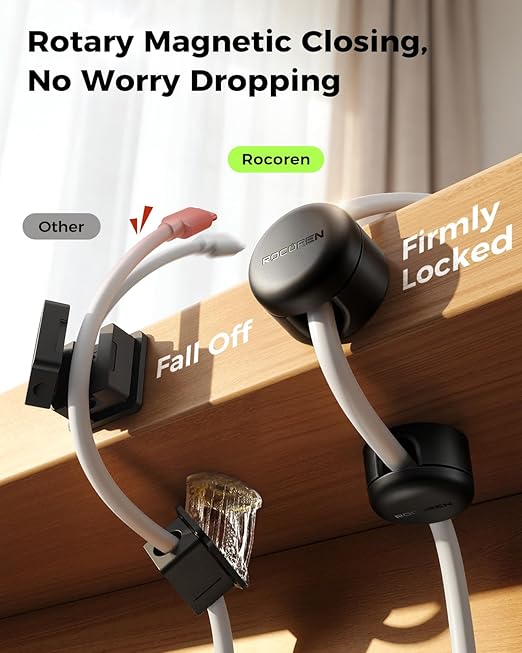 9-Pack Cable Clips [Upgraded],Rocoren Magnetic 360° Rotatable Cord Holder, Adhesive Cable Management Organizer,Wire Keeper for Nightstand Desk Car Phone Wall Home Office Accessories