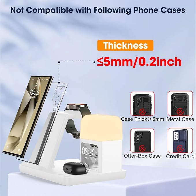 Wireless Charger for Samsung/Android, 6 in 1 Phone Nightstand Charging Station Charger with Alarm Clock/Night Light for Samsung S26/S25/S24 Ultra/Buds4,Watch Charger for Galaxy Watch 8/7/6/5