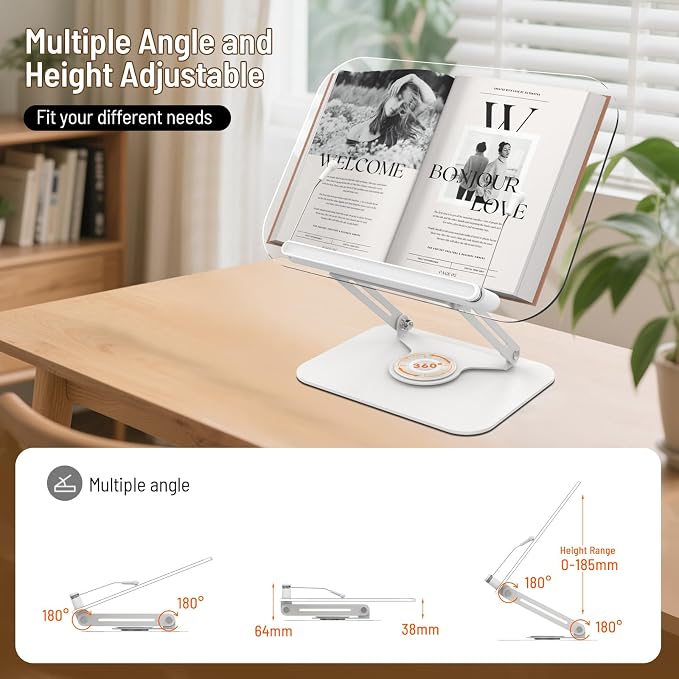 Acrylic Book Stand for Reading Hands Free - Adjustable 360° Rotating Cookbook Holder with Elastic Page Clips & Foldable Base, Multi-Angle Desktop Display Stand for Recipes, Textbooks, Tablets, Bibles