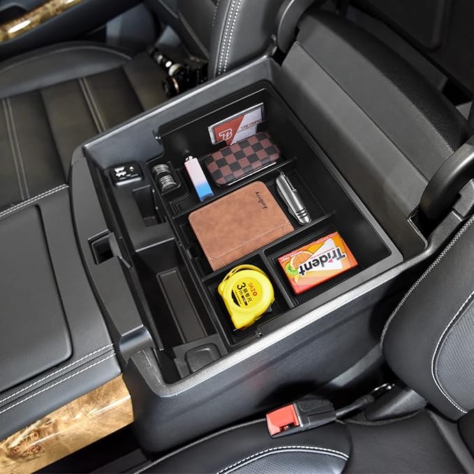 TACOBRO Full coverage Center Console Organizer Compatible with 2014-2018 GMC Sierra 1500 /Chevy Silverado 1500 Accessories 2015-2020 Yukon XL/Tahoe Suburban Insert Armrest Storage ABS Plastic, Black