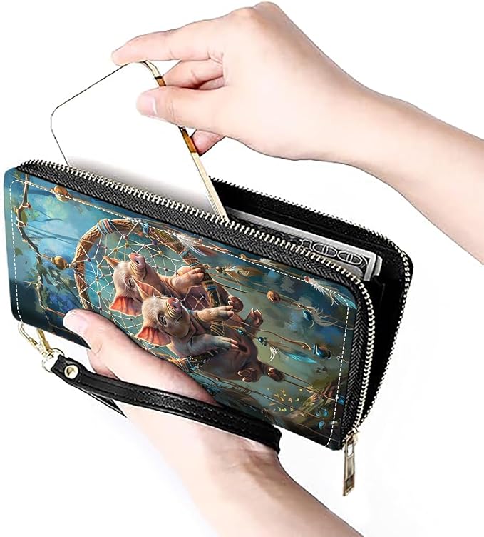 Women's Large Capacity Wallet PU Leather Zip Around Clutch Purse Multifunctional Wallet with Removable Wristlet Strap for Smart Phone/Coin/Card/Cash, Dream Catcher Pig