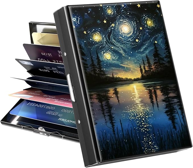 Metal Wallet, Credit Card Holder for Women Men Girls, RFID Blocking Aluminum Wallet Slim Hard Case, Mini Travel Wallet, ID Card Holder Business Card Case,Art Starry Night