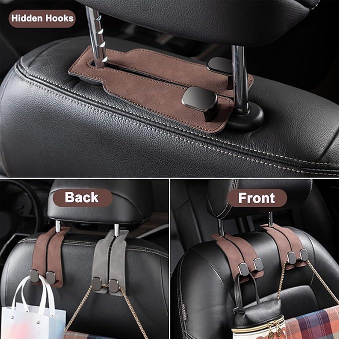 2 Pack Car Hooks for Headrest, Headrest Hooks Car Purse Hook Car Seat Back Storage Hook Premium Leather Car Seat Holder for Headrest Purses and Bags (Brown)