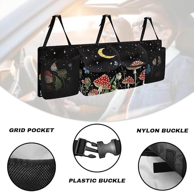 Mushroom Printed Car Trunk Organizer, Collapsible Auto Backseat Hanging Storage Bag Wear-Resistant Oxford Fabric Hanging Trunk Organizer for Car Truck SUV