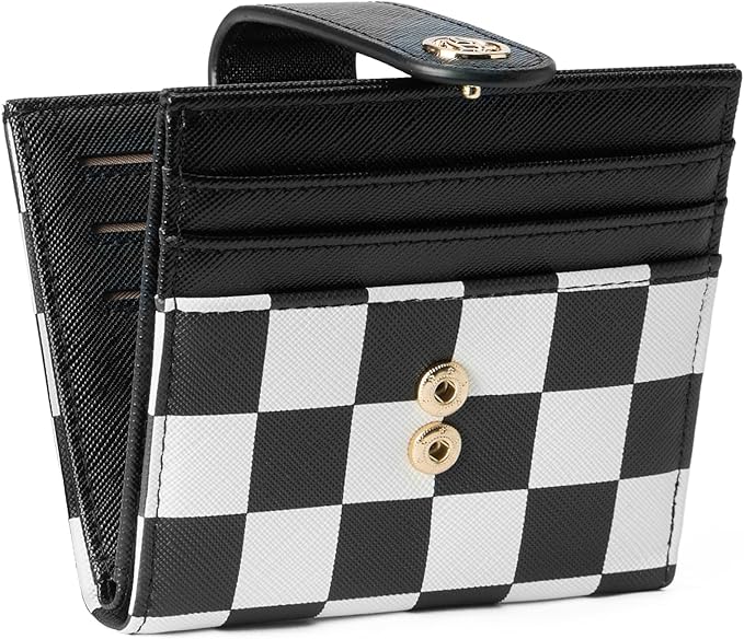 BOSTANTEN Slim Wallet for Women Small RFID Blocking Credit Card Holder Leather Bifold Wallets with Zipper Coin Pocket Black and White Checkered