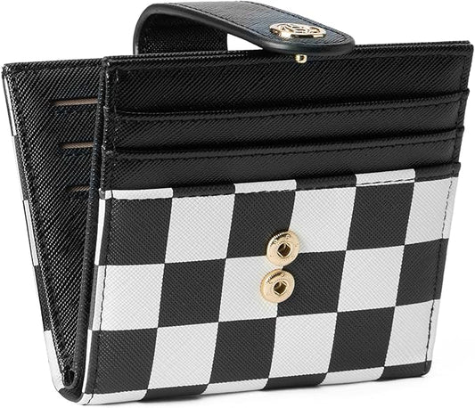 BOSTANTEN Slim Wallet for Women Small RFID Blocking Credit Card Holder Leather Bifold Wallets with Zipper Coin Pocket Black and White Checkered