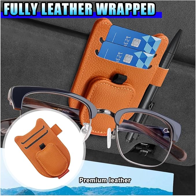 2PCS Sunglass Holder for Car Sun Visor, Magnetic Leather Vehicle Glasses Eyeglass Mount & Ticket Card Clip, Automotive Interior Visor Accessories, Universal for Sedan SUV Truck (Orange)