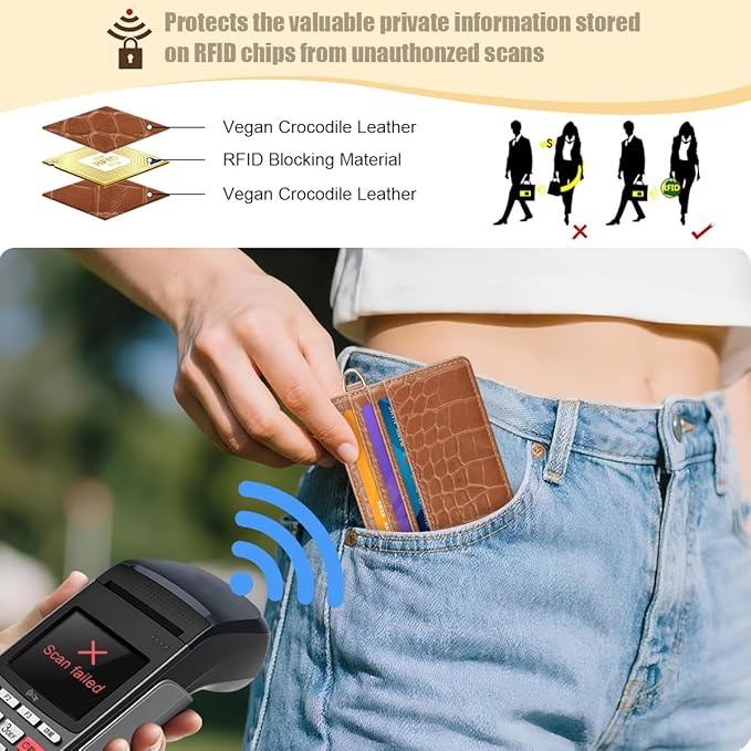 Slim Credit Card Holder Crocodile Wallet Women Thin Alligator Wallets RFID Blocking Minimalist Lightweight Small Cute Cards Holders with ID Window, Brown