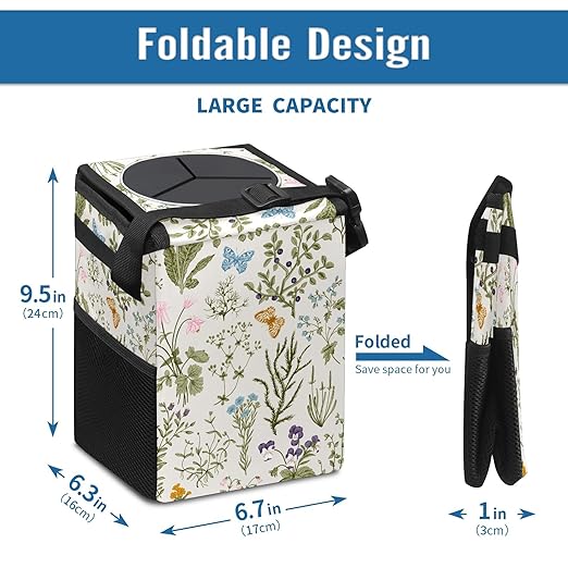 Car Trash Can with Lid Vintage Botanical Wildflowers Collapsible Reusable Leak-Proof Auto Garage Bag,Hanging Vehicle Car Accessories Interior Car Organizer