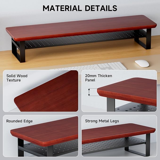Dual Monitor Stand, 35.4 Inch Monitor Stand Riser for 2 Monitors, 2 Tiers Wood Desk Shelf with Storage, Desktop Organizer Stand for Computer, Laptop, Printer, TV
