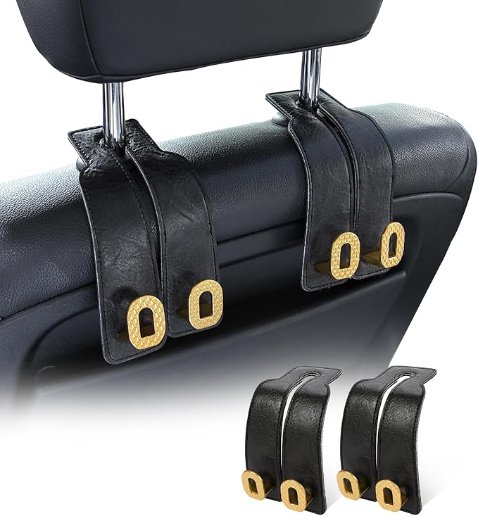 Car Headrest Hooks Universal Car Purse Hook Premium Leather and Alloy Twin Hook Car Seat Back Storage Hanger Hook for Purse Bags Cloth Drink Durable Holder Car Accessories (BH09-Black-Gold)