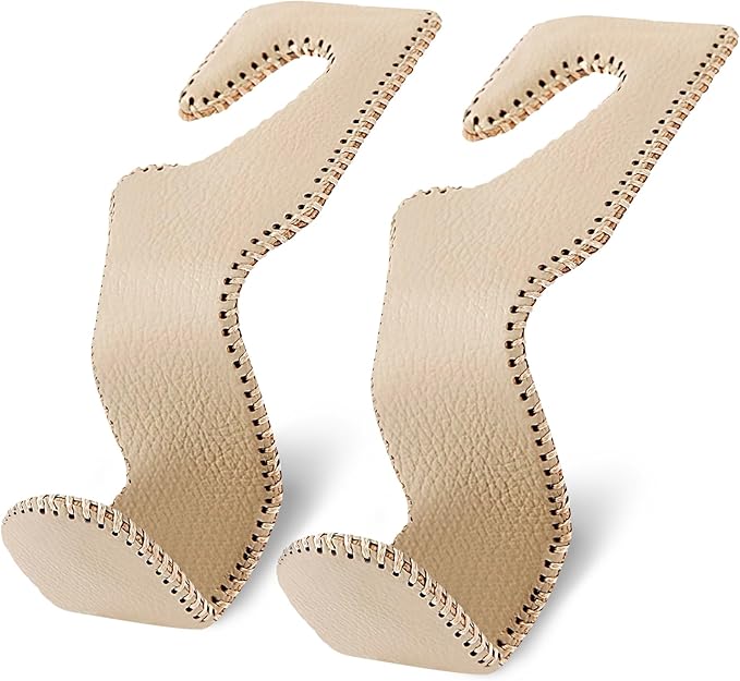 Purse Hook for Car, Purse Holder Car Headrest Hooks Leather for Hanging Purses and Bags, 2 Pack Beige