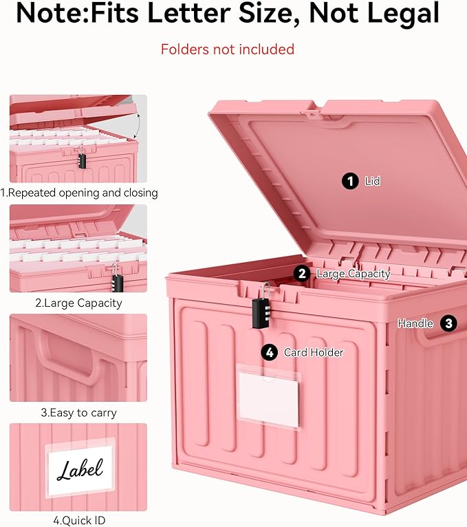 Oterri Plastic File Box with Lid for Letter Size Hanging File Folders, Hanging File Folder Box for Home, Office, School, File Cabinet, Assembly File Organizer, Pink，Large-2 Pack Without Folders