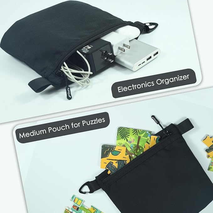 YUMQUA Small Pouch for Travel Essentials, Makeup Pouch Bag with Carabiner Clip on Backpack Dopp Kit Storage Organization for Toiletries, Cosmetics, Tech, Tools, Water Resistant 500D Nylon (Black)