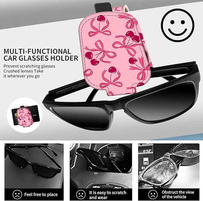Leather Magnetic Sunglass Holder for Car Sun Visor, Cute Eyeglass Ticket Card Hanger Clip, Universal Auto Interior Accessories for SUV Pickup Truck Pink Bow