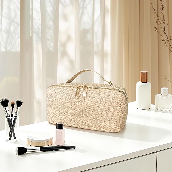 Travel Makeup Bag with Compartments & Organizers – Flat Open Cosmetic Pouch for Women, Purse-Style Design for Traveling, Perfect for Toiletries & Cosmetics(Gold)