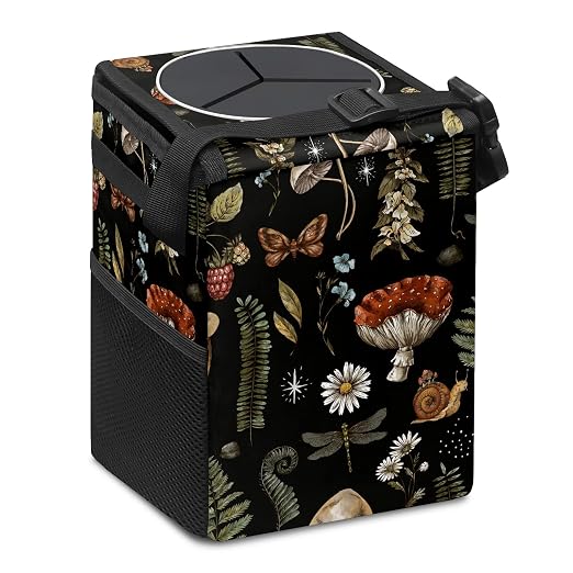 Vintage Botanical Mushrooms Trash Can with Lid - Collapsible Reusable Waterproof Garage Bag, Automotive Garbage Can, Car Accessories Interior Organizer