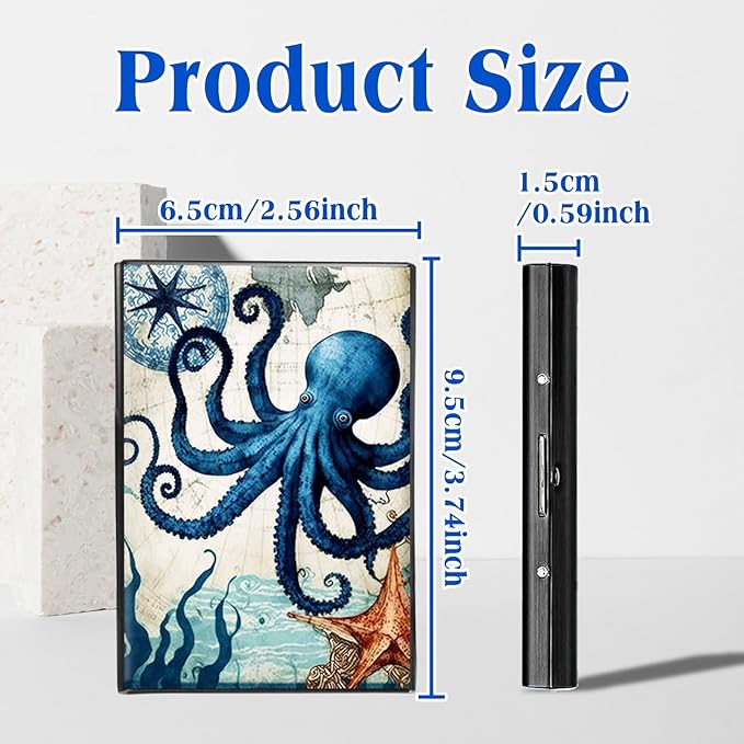RFID Blocking Credit Card Holder - Slim Metal Wallet for Women & Men,Octopus Design Stainless Steel Business Card Case,Compact Pocket Organizer for Travel & Daily Use