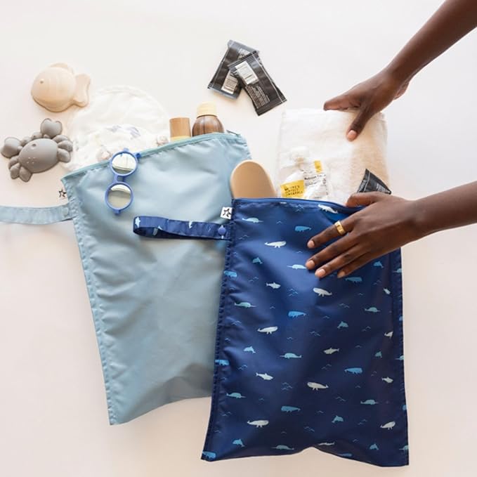 Tiny Twinkle Mess Proof Wet Bags | 2-Pack Reusable Waterproof Wet Bags for Swimsuits | Baby Clothes | Travel & Diaper Bag (Ocean)