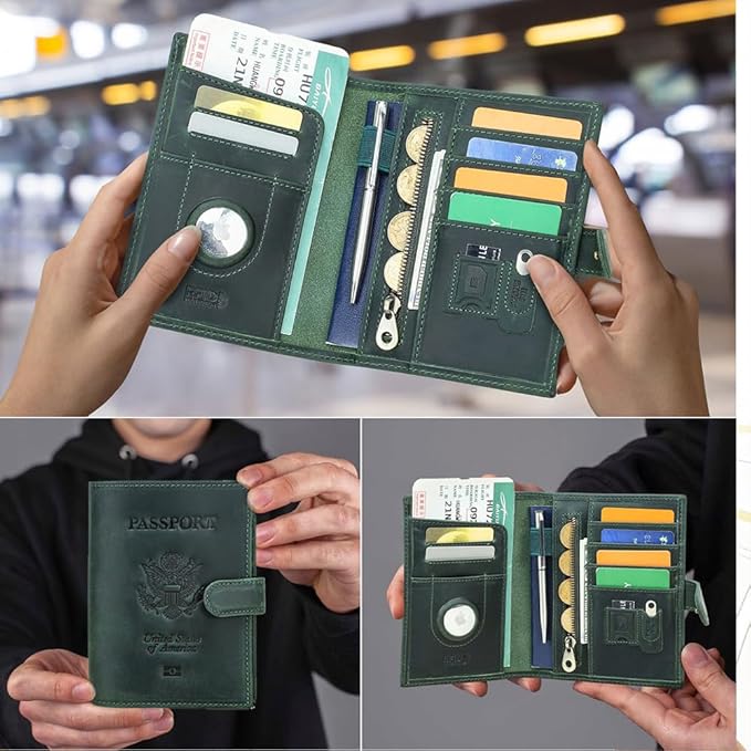 CONTACTS Full Grain Leather Passport Holder Compatible with Airtag RFID Blocking Passport Wallet for Men Travel Passport Cover with SIM Card Removal Tool (Badge, Green)