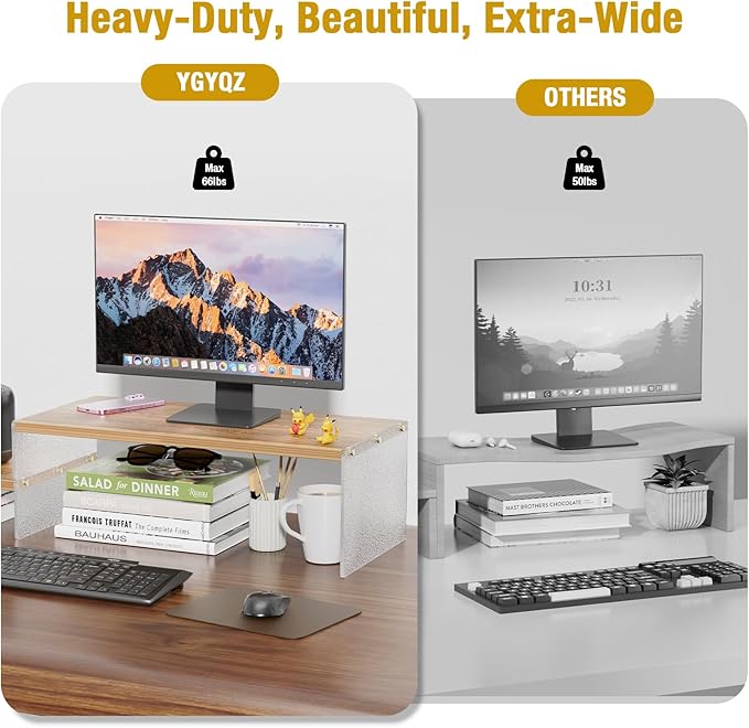 Adjustable Monitor Stand Riser with Acrylic Legs丨9.4" Wide Dual Monitor Stand for Desk丨2-Tier Wood Desktop Organizer for Computer, Laptop, Printer & PC丨Modern Aesthetic Desk Shelf(wood-glacial striae)